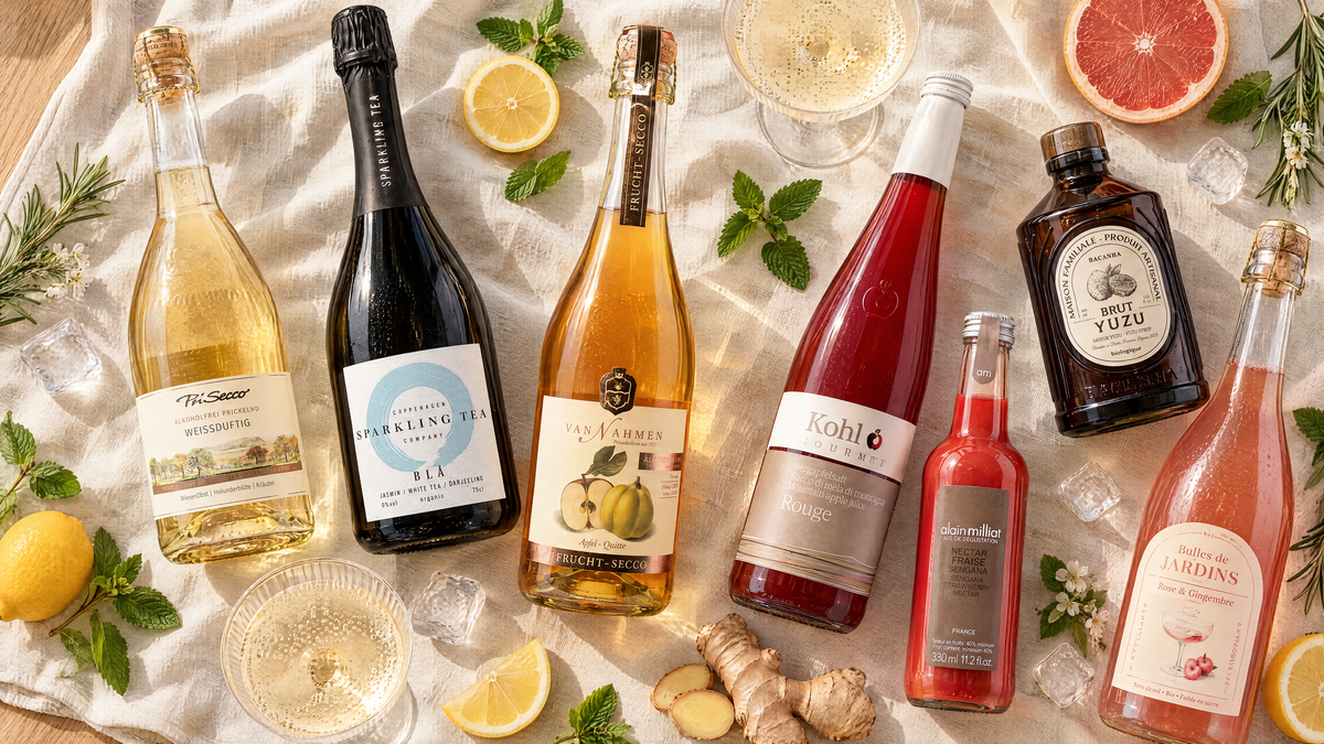 Alkoholfreie Getränke – PriSecco, Sparkling Tea, Säfte, Nektar und Sirup auf Leinen