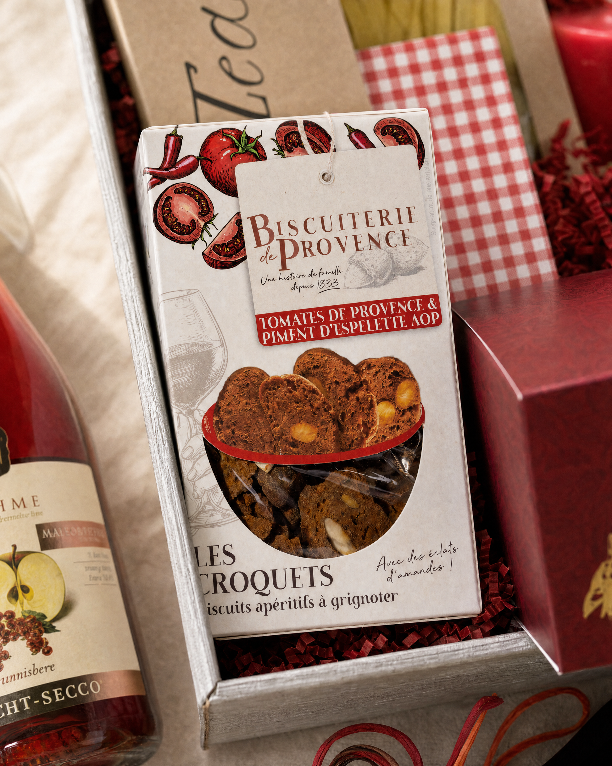 Biscuiterie de Provence Les Croquets Tomate Piment d'Espelette im Geschenkkorb Candle Light Dinner