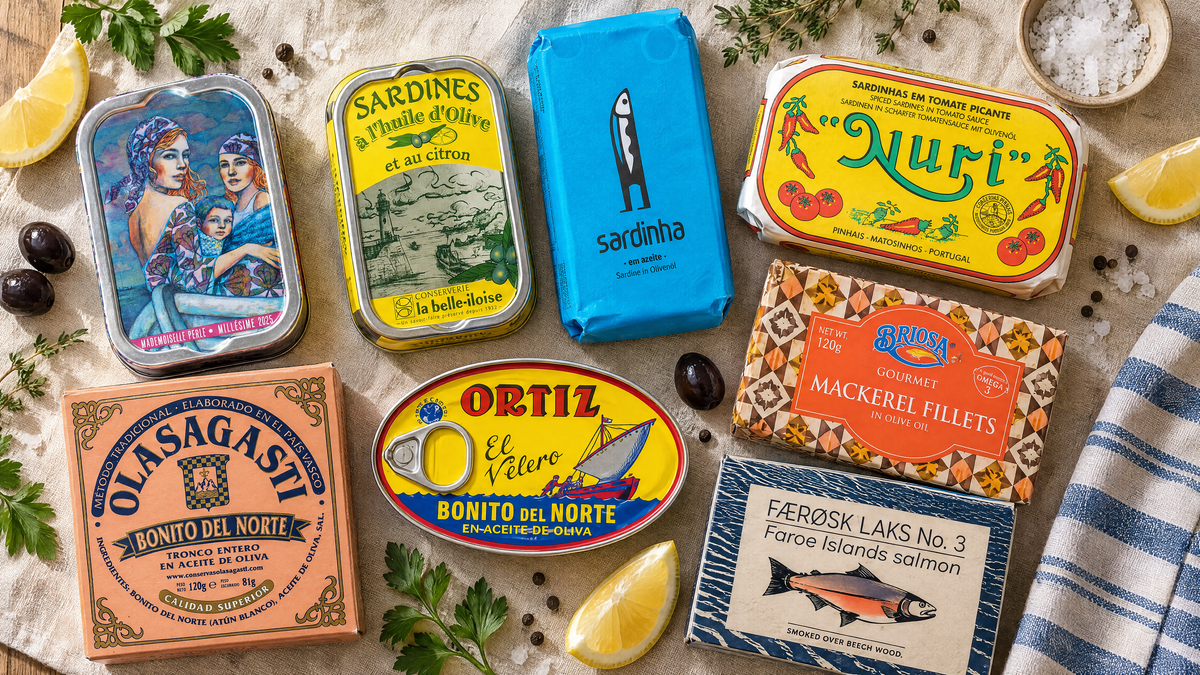Fischkonserven aus Portugal, Frankreich, Spanien und von den Färöern auf hellem Leinen
