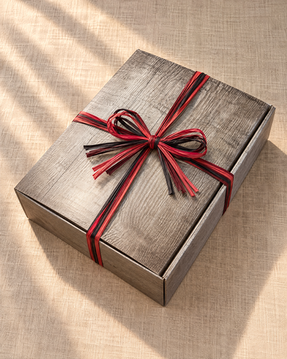 Grad°Wanderung Geschenkset in geschlossener 3er-Kartonage mit Holzoptik und Bastschleife in Hellrot, Dunkelrot und Schwarz