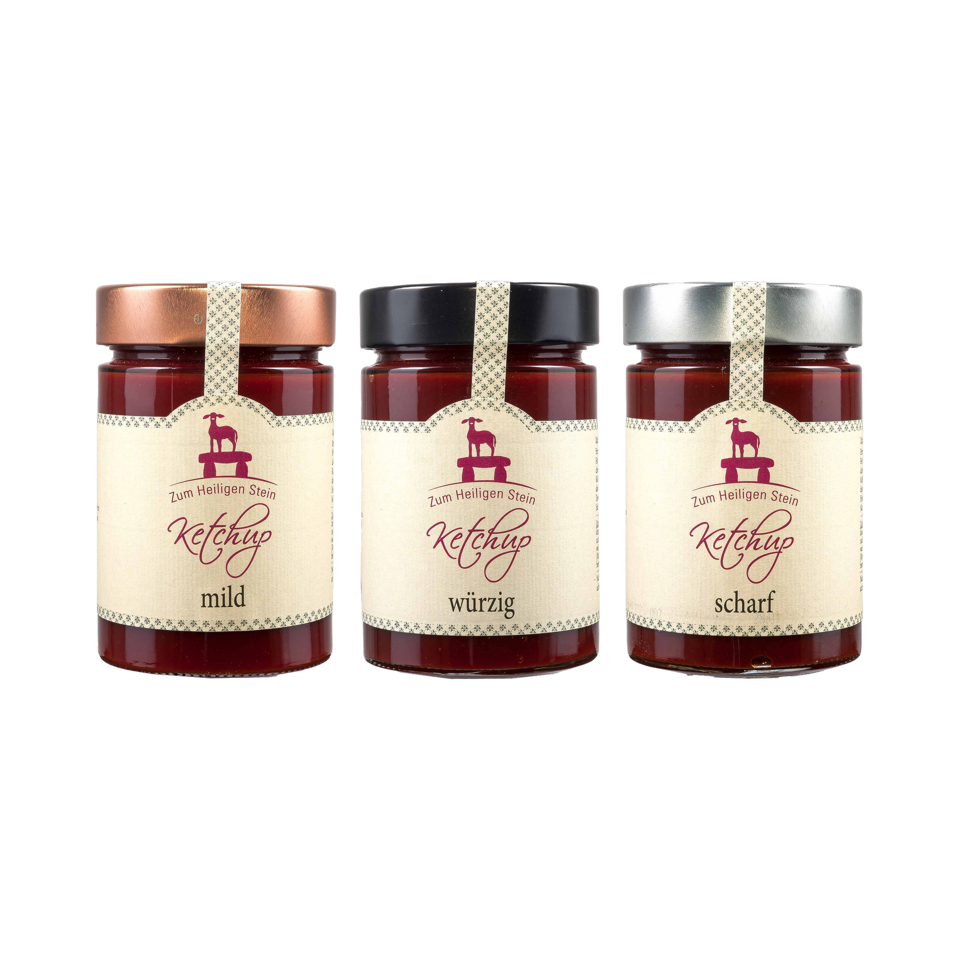 Ketchup-Probierset 3 × 400 g — mild, würzig, scharf, Zum heiligen Stein