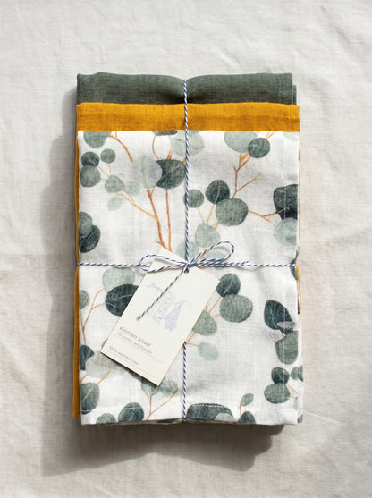 Leinen Geschirrtücher 3er-Set Kräutergarten – Eukalyptus, Forest Green, Mustard von Linen Tales