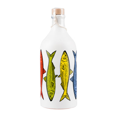 Olivenöl Keramikflasche bunte Sardinen