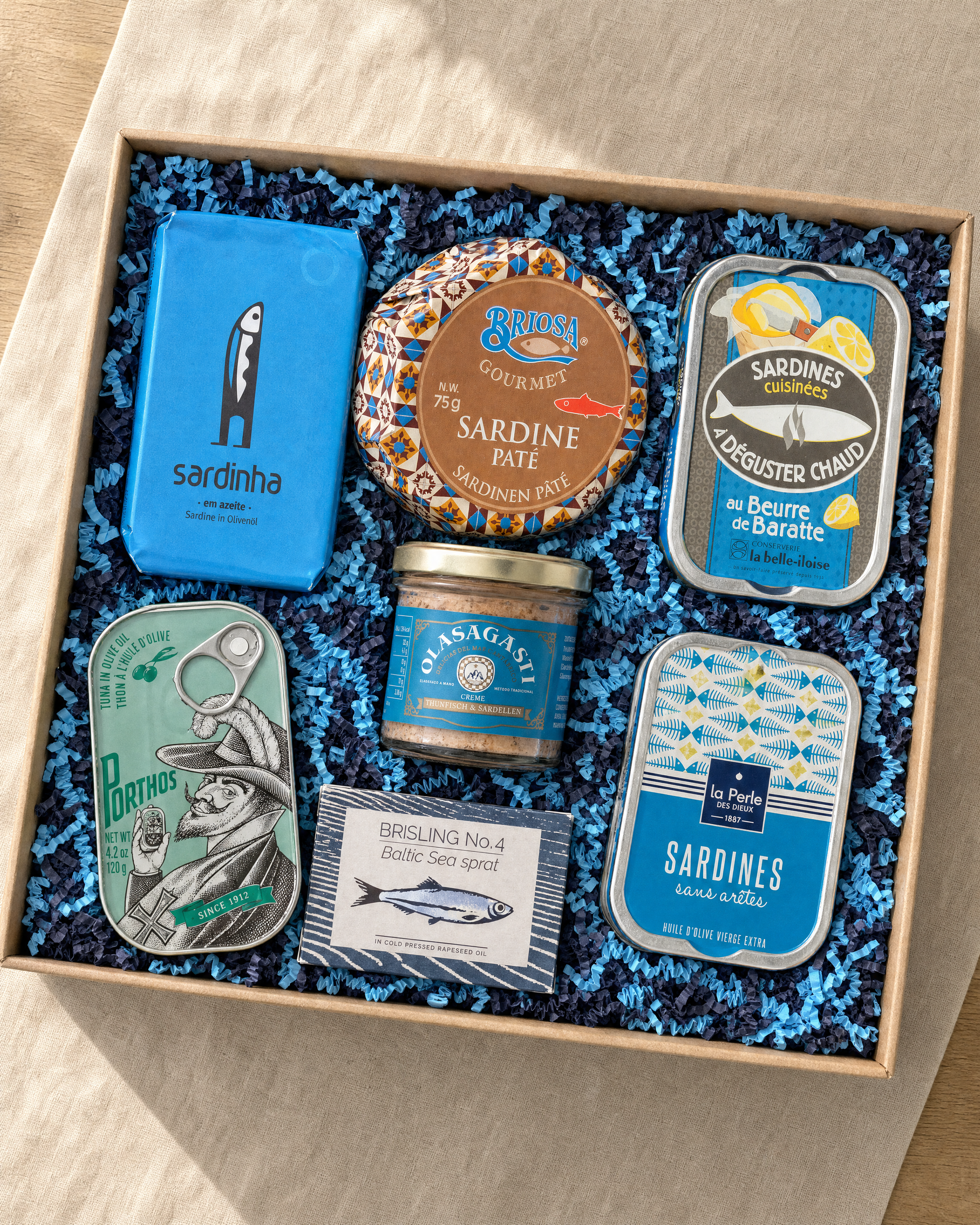 Gourmetbox – Fisch in Dosen – Geschenkbox von oben mit allen sieben Fisch-Spezialitäten