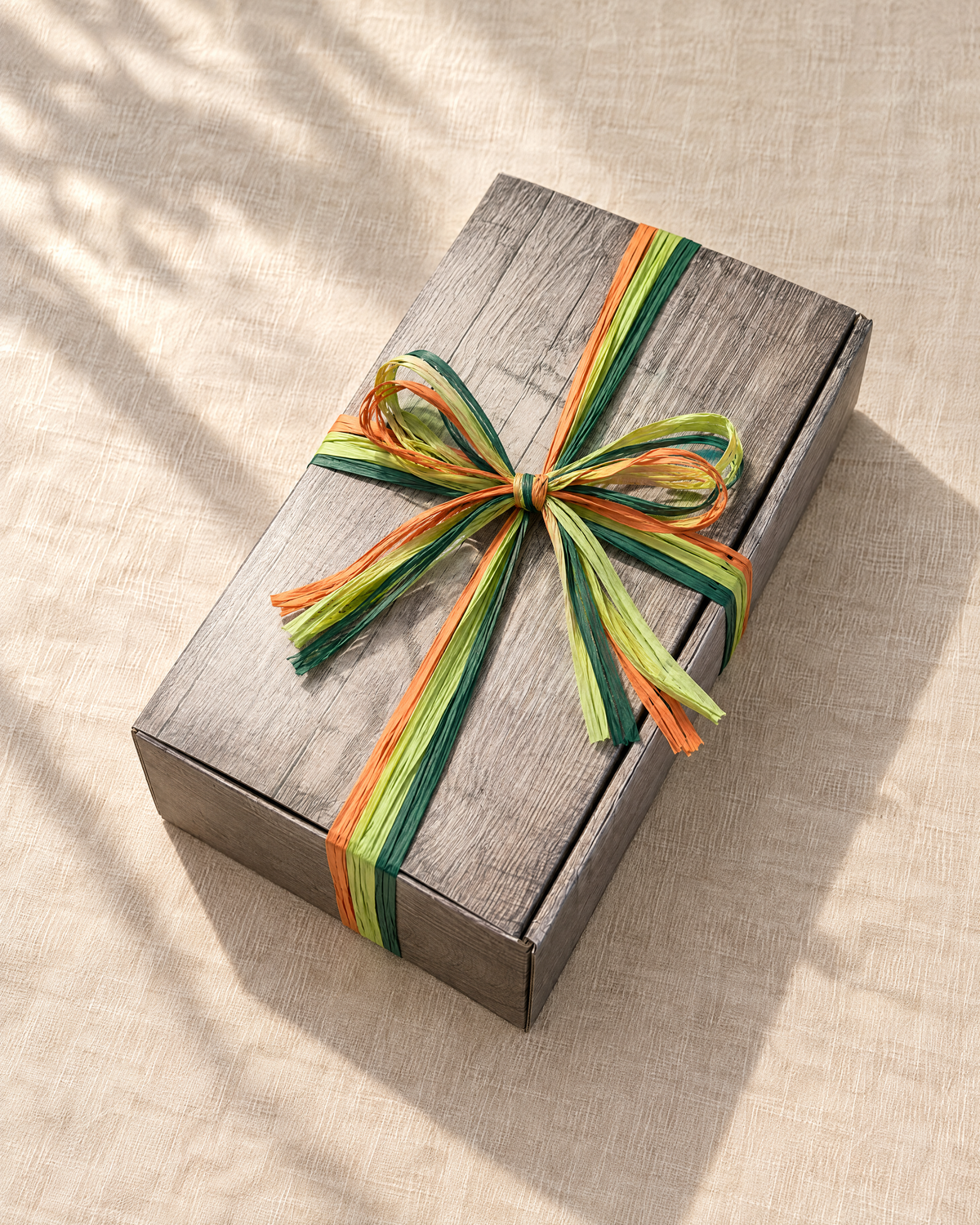 PriSecco Geschenkset im geschlossenen Zweierkarton mit Holzoptik und handgebundener Bastschleife in Hellgrün, Dunkelgrün und Orange