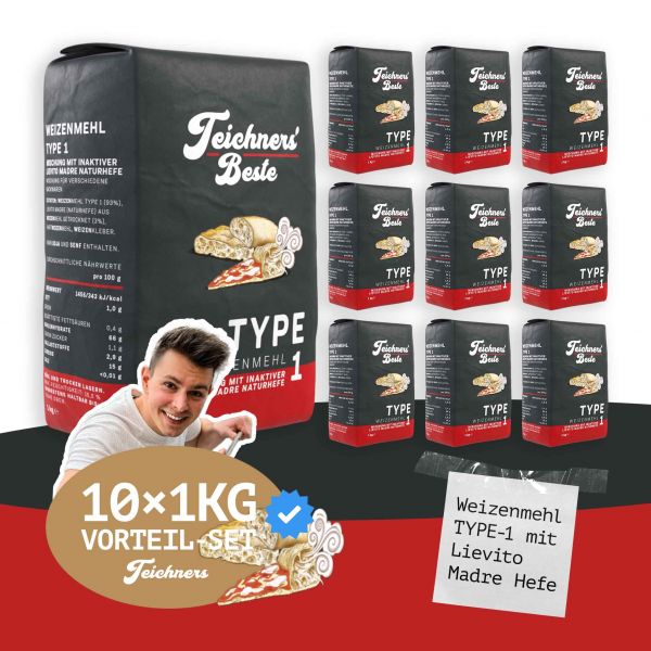 Teichners Beste | Weizenmehl "Type 1" mit inaktiver Lievito Madre Naturhefe | 10×1kg Set